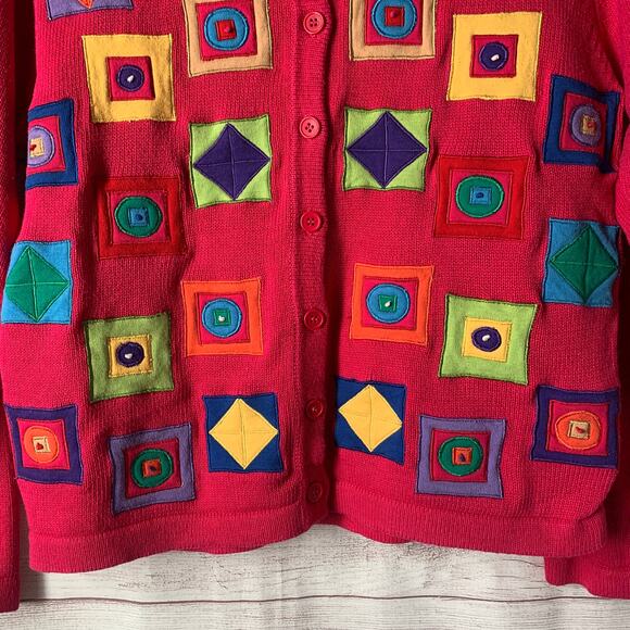 Bechamel Pink Knit Cardigan Sweater Colorful Geometric Squares Button Up Medium - Picture 3 of 16